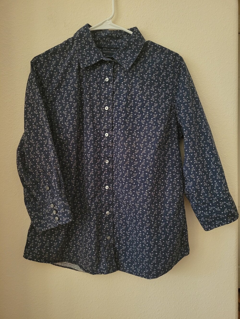 Tommy Hilfiger Button-up Cotton Shirt, 3/4 Sleeve, Navy/White, L, EUC